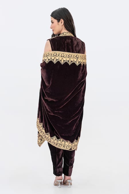 Shop_Daljit Sudan_Brown Velvet Embroidery V-neck Aari Cape And Kurta Set _at_Aza_Fashions