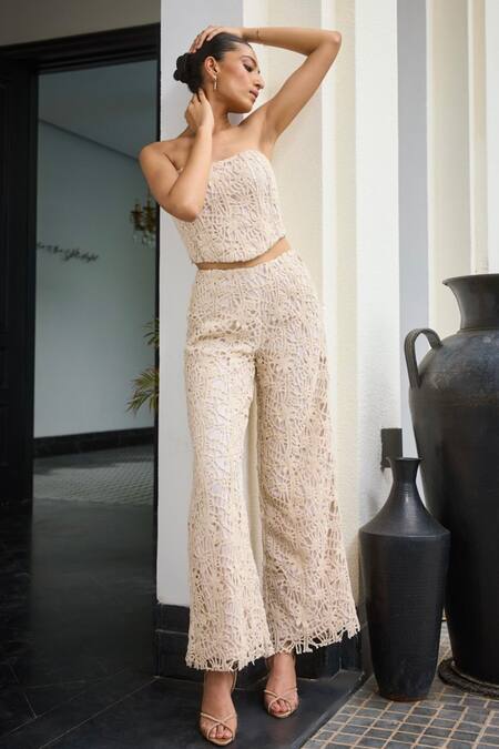 Label Ruhbab_Beige Cotton, Linen Cut Work, Embroidery Square Crochet Corset And Trouser Set _Online_at_Aza_Fashions