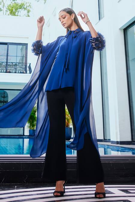 Buy_Label Ruhbab_Blue Silk, Georgette Feathers Turtle Neck 3d Embroidered Draped Shirt _Online_at_Aza_Fashions