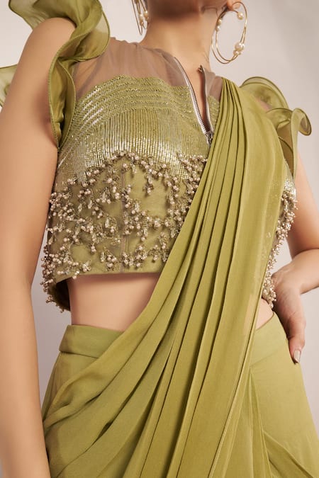 Babita Malkani Green Georgette Pearls, Cut Work Embellished Ruffled Pallu Pre-draped Saree Online at Aza Fashions Babita Malkani_Green Georgette Pearls, Cut Work Embellished Ruffled Pallu Pre-draped Saree _Online_at_Aza_Fashions