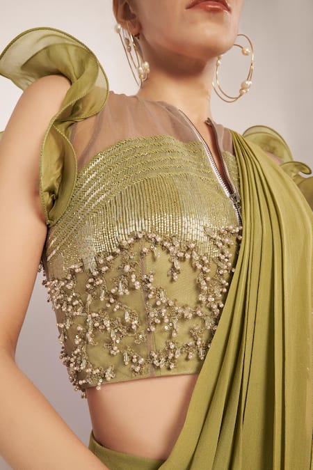Buy Babita Malkani Green Georgette Pearls, Cut Work Embellished Ruffled Pallu Pre-draped Saree Online at Aza Fashions Buy_Babita Malkani_Green Georgette Pearls, Cut Work Embellished Ruffled Pallu Pre-draped Saree _Online_at_Aza_Fashions