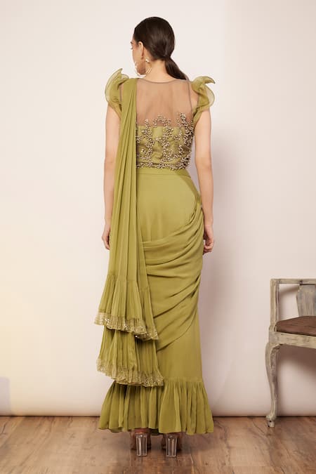 Babita Malkani Embellished Ruffled Pallu Pre-Draped Saree 