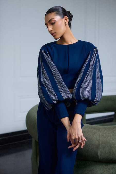 Label Ruhbab Textured Balloon Sleeve Crop Top & Trouser Set 