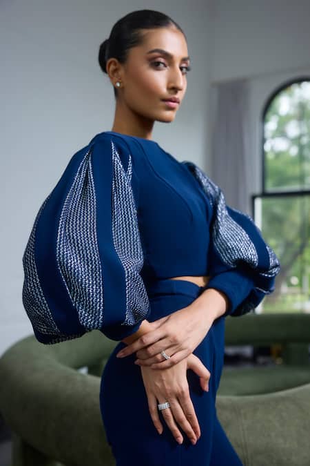 Shop_Label Ruhbab_Navy Microfiber, Cotton Round Textured Balloon Sleeve Crop Top And Trouser Set _Online_at_Aza_Fashions