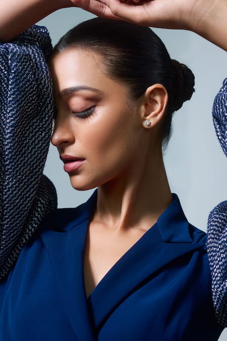 Label Ruhbab_Blue Microfiber Collared Metallic Checkered Balloon Sleeve Dress _Online_at_Aza_Fashions