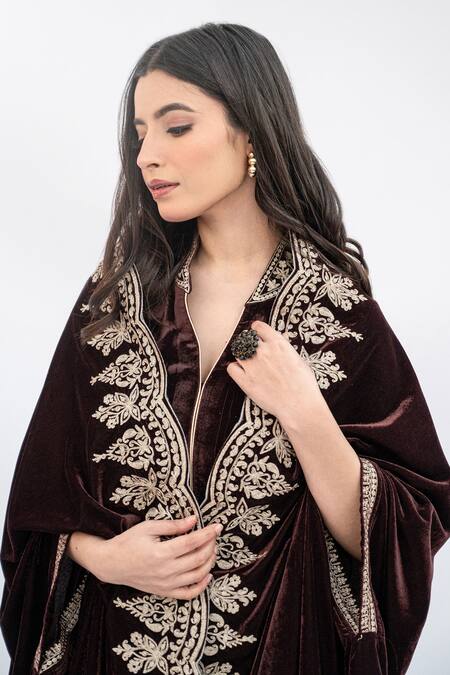 Buy Daljit Sudan Brown Velvet Embroidery, Applique Mandarin Collar Cutwork Cape And Kurta Set Online at Aza Fashions Buy_Daljit Sudan_Brown Velvet Embroidery, Applique Mandarin Collar Cutwork Cape And Kurta Set _Online_at_Aza_Fashions