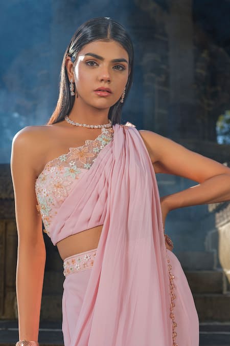 Tamaraa By Tahani_Purple Georgette, Tulle Beads, Cut Work Cutdana Embroidered Pre-draped Saree Set _Online_at_Aza_Fashions