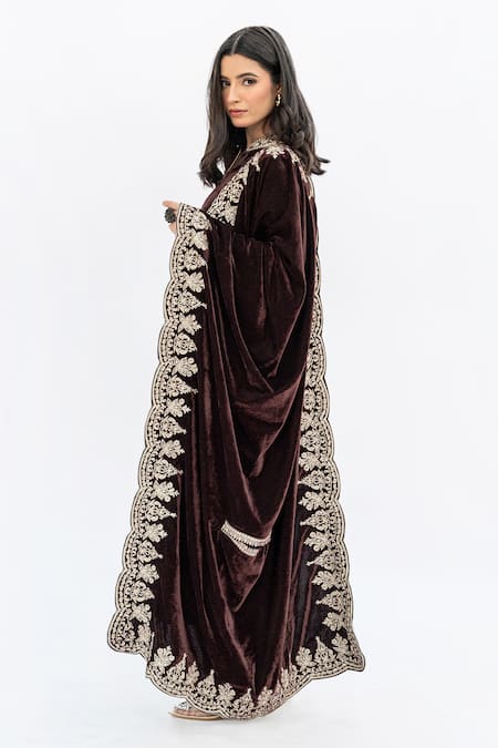 Shop Daljit Sudan Brown Velvet Embroidery, Applique Mandarin Collar Cutwork Cape And Kurta Set at Aza Fashions Shop_Daljit Sudan_Brown Velvet Embroidery, Applique Mandarin Collar Cutwork Cape And Kurta Set _at_Aza_Fashions
