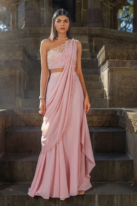 Buy_Tamaraa By Tahani_Purple Georgette, Tulle Beads, Cut Work Cutdana Embroidered Pre-draped Saree Set _Online_at_Aza_Fashions