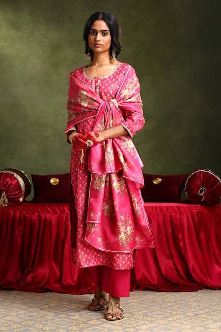 Buy Karaj Jaipur Pink Chanderi, Cotton Gota Patti Round Neck Bloom Motif Print Kurta Pant Set Online at Aza Fashions Buy_Karaj Jaipur_Pink Chanderi, Cotton Gota Patti Round Neck Bloom Motif Print Kurta Pant Set_Online_at_Aza_Fashions