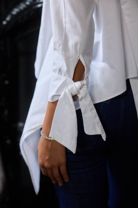 Label Ruhbab_White Cotton Pearls, Applique Shawl Neck Embroidered Asymmetric Crop Shirt _Online_at_Aza_Fashions