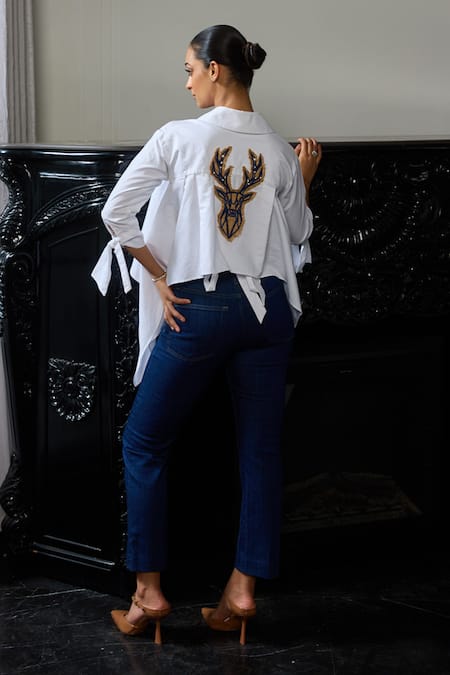 Label Ruhbab Embroidered Asymmetric Crop Shirt 