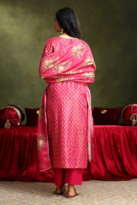 Shop Karaj Jaipur Pink Chanderi, Cotton Gota Patti Round Neck Bloom Motif Print Kurta Pant Set at Aza Fashions Shop_Karaj Jaipur_Pink Chanderi, Cotton Gota Patti Round Neck Bloom Motif Print Kurta Pant Set_at_Aza_Fashions