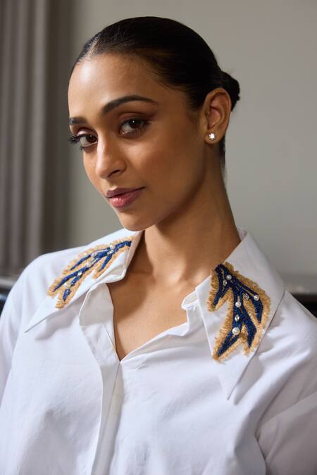 Buy_Label Ruhbab_White Cotton Pearls, Applique Shawl Neck Embroidered Asymmetric Crop Shirt _Online_at_Aza_Fashions