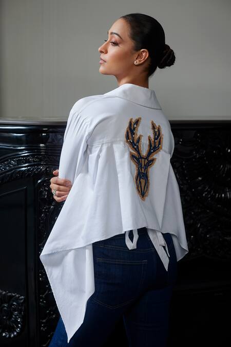 Shop_Label Ruhbab_White Cotton Pearls, Applique Shawl Neck Embroidered Asymmetric Crop Shirt _Online_at_Aza_Fashions