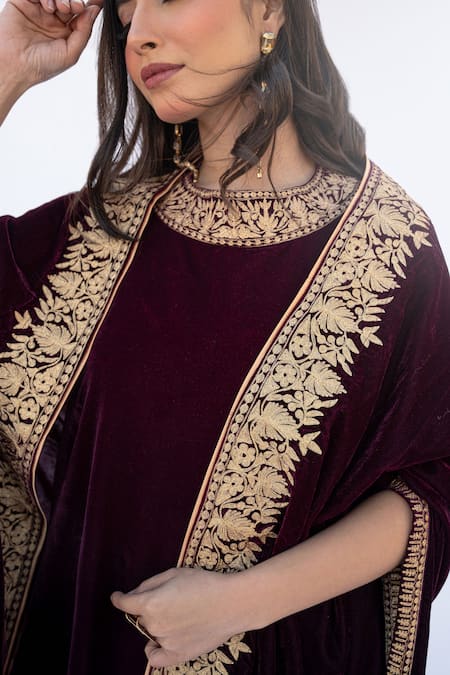 Shop_Daljit Sudan_Wine Velvet Embroidery Bandeau Neck Aari Cape And Kurta Set _Online_at_Aza_Fashions