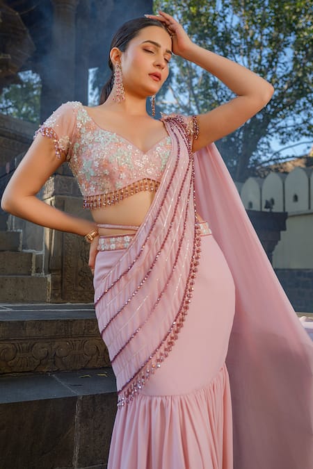 Shop_Tamaraa By Tahani_Purple Tulle, Georgette Beads, Cut Work Pre-draped Mermaid Skirt Saree And Blouse _Online_at_Aza_Fashions