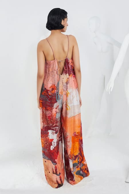 Shop_She'll_Orange Cotton Beads Round Neck Rust Abstract Print Jumpsuit _at_Aza_Fashions