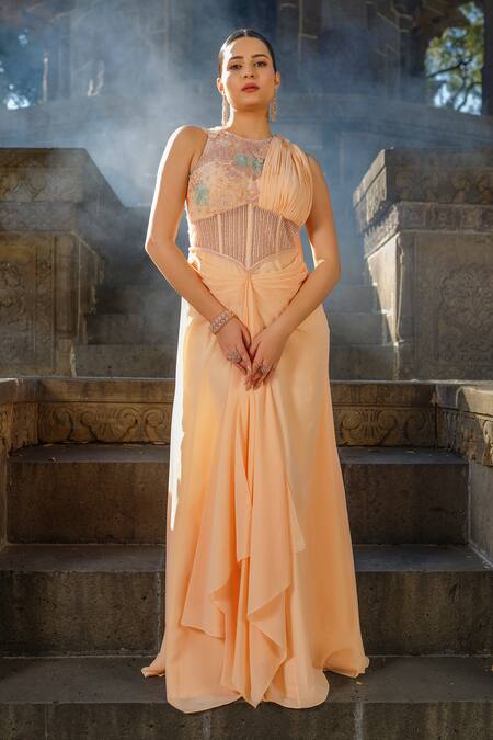 Shop_Tamaraa By Tahani_Peach Tulle, Georgette Cut Work, Beads Floral Embroidered Pre-draped Saree Gown _Online_at_Aza_Fashions