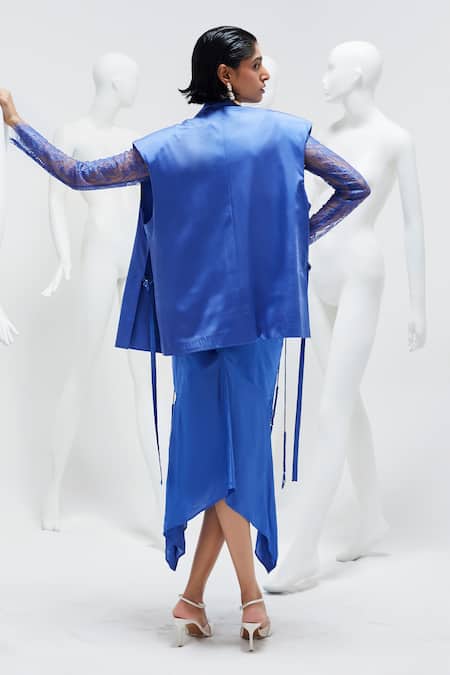 Shop She'll Blue Satin Beads Round Neck Embellished Blazer Skirt Set at Aza Fashions Shop_She'll_Blue Satin Beads Round Neck Embellished Blazer Skirt Set _at_Aza_Fashions