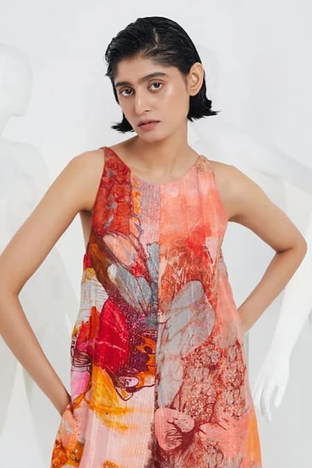 She'll_Orange Cotton Beads Round Neck Rust Abstract Print Jumpsuit _Online_at_Aza_Fashions