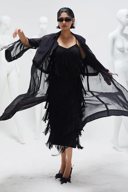 Shop She'll Black Cotton, Lycra Fringe V-neck Tiered Lace Dress at Aza Fashions Shop_She'll_Black Cotton, Lycra Fringe V-neck Tiered Lace Dress _at_Aza_Fashions