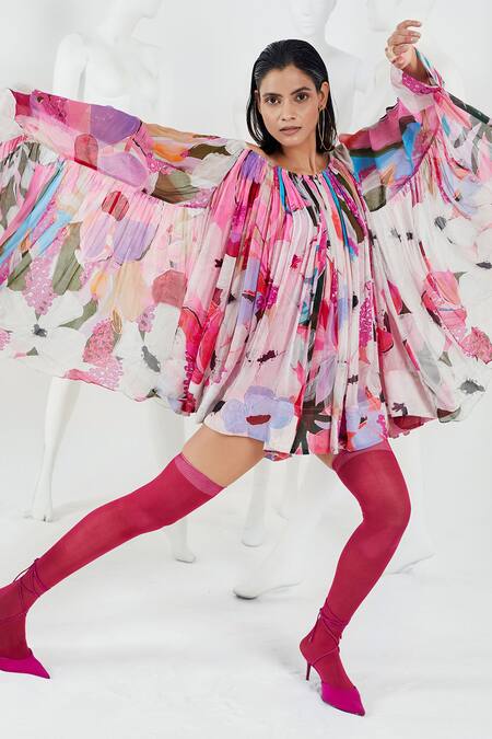 She'll Pink Chiffon, Modal Boat Neck Floral Printed Cape Sleeve Dress Online at Aza Fashions She'll_Pink Chiffon, Modal Boat Neck Floral Printed Cape Sleeve Dress _Online_at_Aza_Fashions