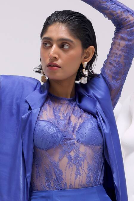 Shop She'll Blue Satin Beads Round Neck Embellished Blazer Skirt Set Online at Aza Fashions Shop_She'll_Blue Satin Beads Round Neck Embellished Blazer Skirt Set _Online_at_Aza_Fashions