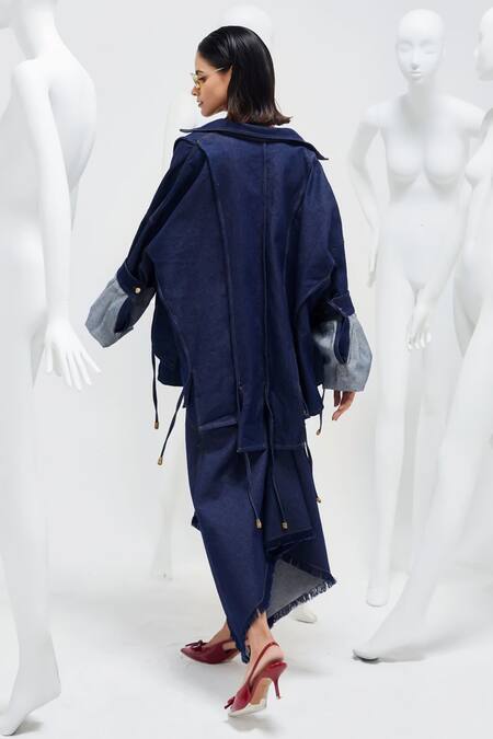 Shop She'll Blue Crepe, Denim, Silk Beads, Embroidery Panelled Shirt And Asymmetric Skirt Set at Aza Fashions Shop_She'll_Blue Crepe, Denim, Silk Beads, Embroidery Panelled Shirt And Asymmetric Skirt Set _at_Aza_Fashions