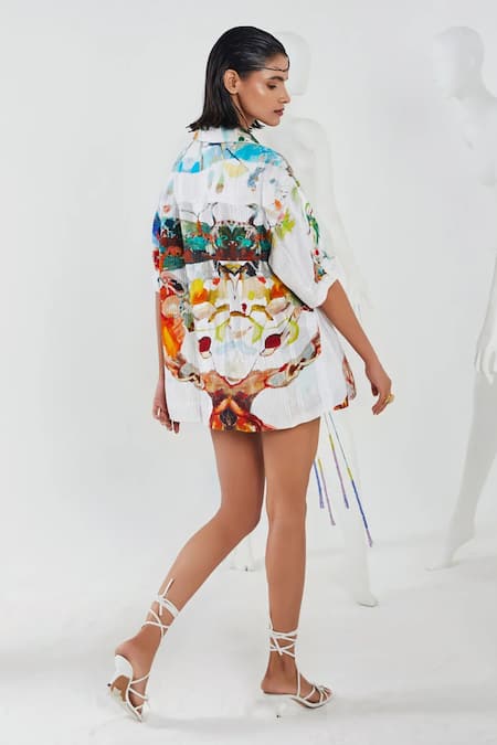 Shop She'll Multi Color Cotton Tassels, Beads Collared Abstract Print Shirt And Skorts Set at Aza Fashions Shop_She'll_Multi Color Cotton Tassels, Beads Collared Abstract Print Shirt And Skorts Set _at_Aza_Fashions
