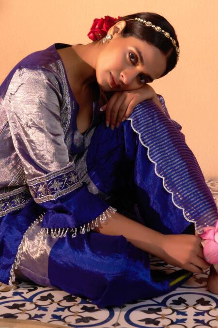 Shalkii_Blue Tissue, , Handloom Cut Work, Cutdana Embroidered Kurta Set _Online_at_Aza_Fashions