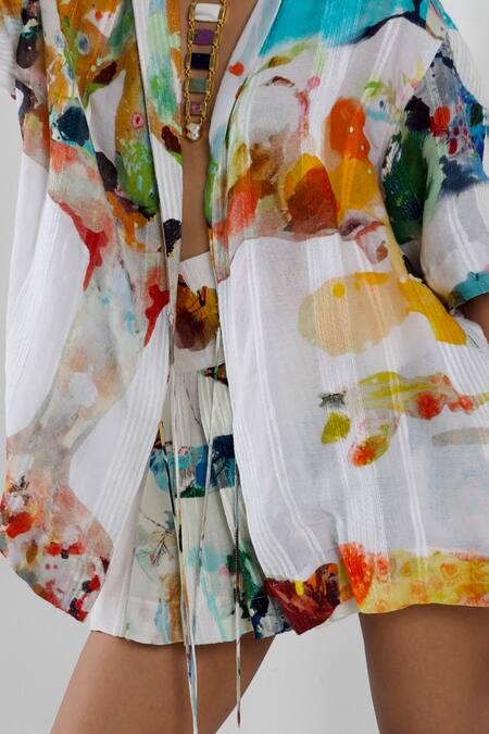 Buy She'll Multi Color Cotton Tassels, Beads Collared Abstract Print Shirt And Skorts Set Online at Aza Fashions Buy_She'll_Multi Color Cotton Tassels, Beads Collared Abstract Print Shirt And Skorts Set _Online_at_Aza_Fashions