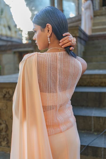 Tamaraa By Tahani Peach Pre-Draped Saree Set With Embroidered Jacket 