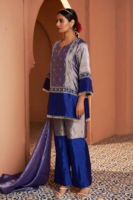 Buy_Shalkii_Blue Tissue, , Handloom Cut Work, Cutdana Embroidered Kurta Set _Online_at_Aza_Fashions