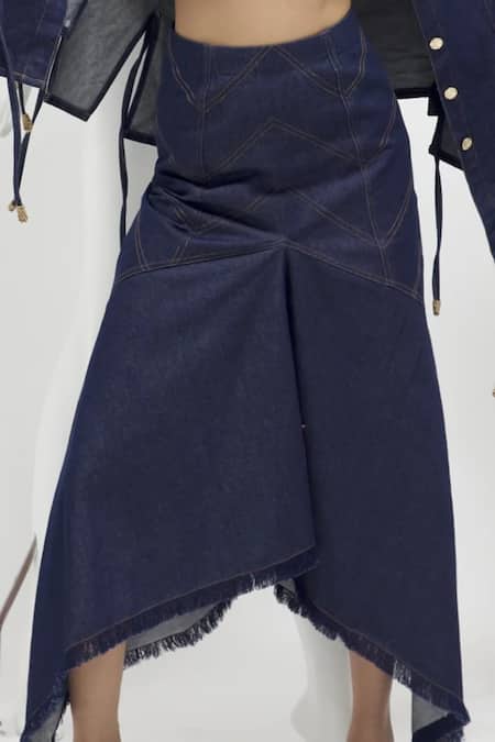 She'll Blue Crepe, Denim, Silk Beads, Embroidery Panelled Shirt And Asymmetric Skirt Set Online at Aza Fashions She'll_Blue Crepe, Denim, Silk Beads, Embroidery Panelled Shirt And Asymmetric Skirt Set _Online_at_Aza_Fashions