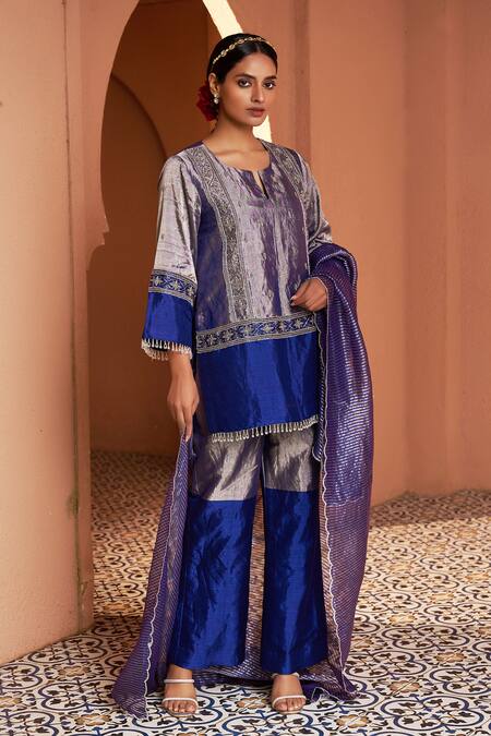 Shop_Shalkii_Blue Tissue, , Handloom Cut Work, Cutdana Embroidered Kurta Set _Online_at_Aza_Fashions