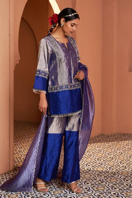 Shalkii_Blue Tissue, , Handloom Cut Work, Cutdana Embroidered Kurta Set _at_Aza_Fashions