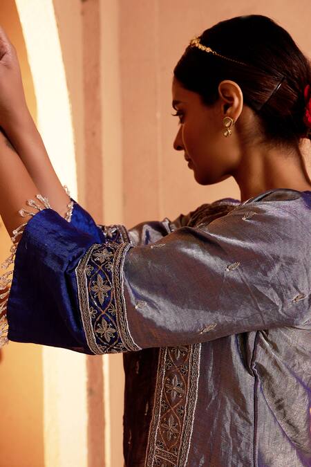 Buy_Shalkii_Blue Tissue, , Handloom Cut Work, Cutdana Embroidered Kurta Set 