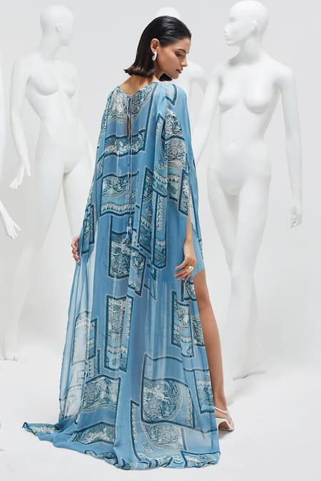 Shop She'll Blue Georgette, Cotton Pearls Round Neck Slate Vintage Print Kaftan With Inner at Aza Fashions Shop_She'll_Blue Georgette, Cotton Pearls Round Neck Slate Vintage Print Kaftan With Inner _at_Aza_Fashions