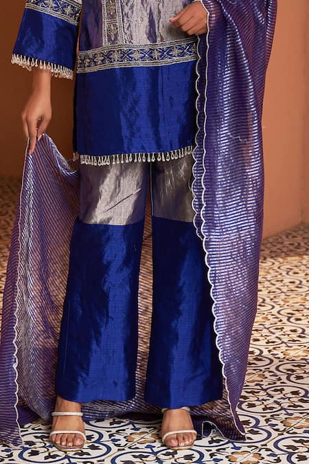 Shop_Shalkii_Blue Tissue, , Handloom Cut Work, Cutdana Embroidered Kurta Set 