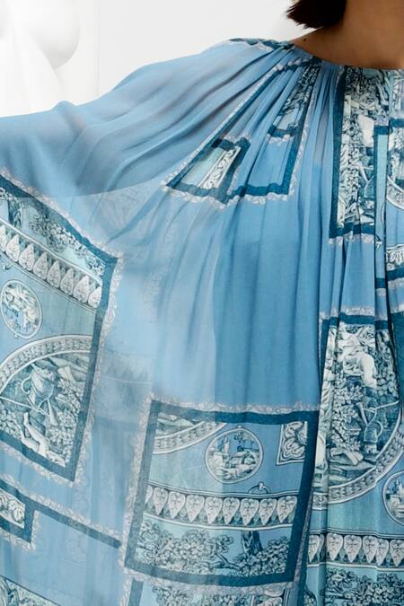 Buy She'll Blue Georgette, Cotton Pearls Round Neck Slate Vintage Print Kaftan With Inner Online at Aza Fashions Buy_She'll_Blue Georgette, Cotton Pearls Round Neck Slate Vintage Print Kaftan With Inner _Online_at_Aza_Fashions