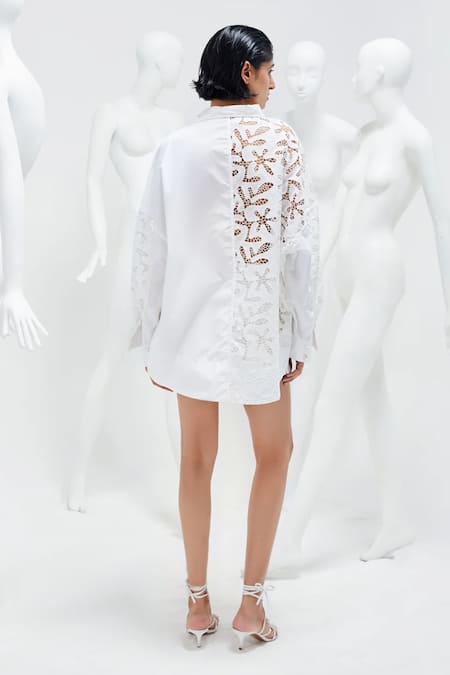 Shop_She'll_White Poplin Lace Collared Cord Embroidered Shirt And Skorts Set _at_Aza_Fashions