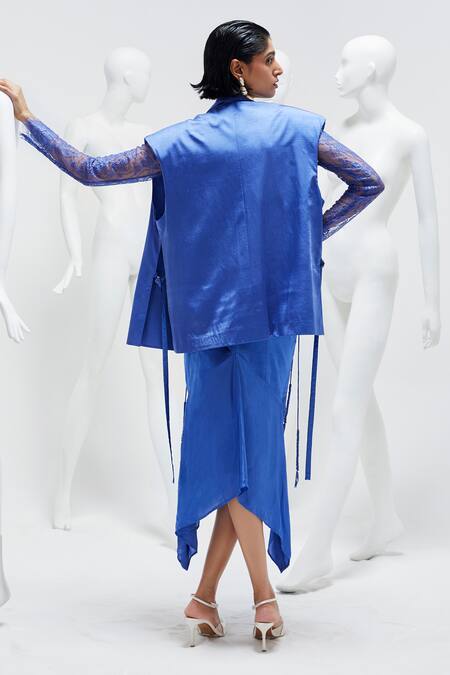 Shop She'll Blue Satin, Modal Beads Collared Sleeveless Jacket at Aza Fashions Shop_She'll_Blue Satin, Modal Beads Collared Sleeveless Jacket_at_Aza_Fashions