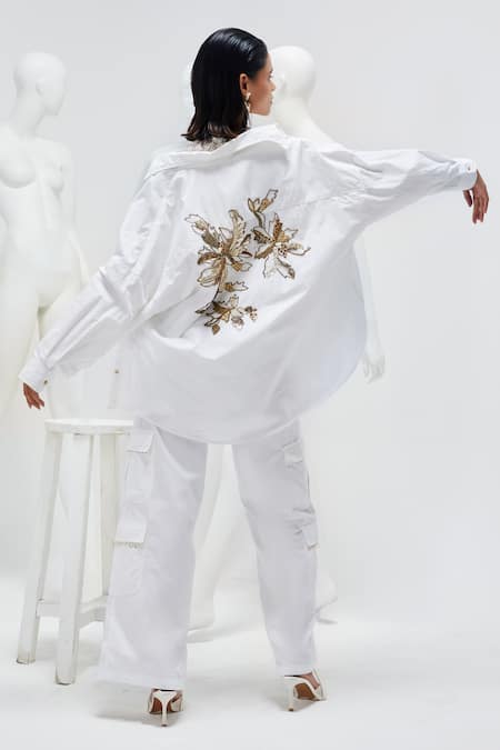 Shop She'll Ivory Poplin, Chanderi, Chiffon Embroidery Collared Floral Shirt And Pant Set at Aza Fashions Shop_She'll_Ivory Poplin, Chanderi, Chiffon Embroidery Collared Floral Shirt And Pant Set _at_Aza_Fashions
