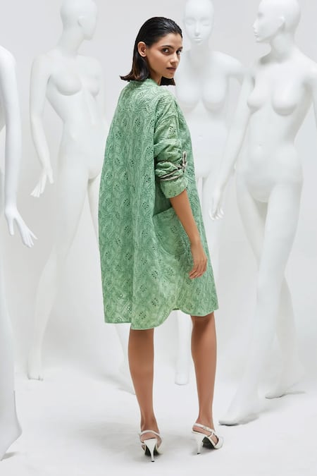 Shop She'll Green Cotton Embroidery Mandarin Collar Shirt Dress at Aza Fashions Shop_She'll_Green Cotton Embroidery Mandarin Collar Shirt Dress _at_Aza_Fashions