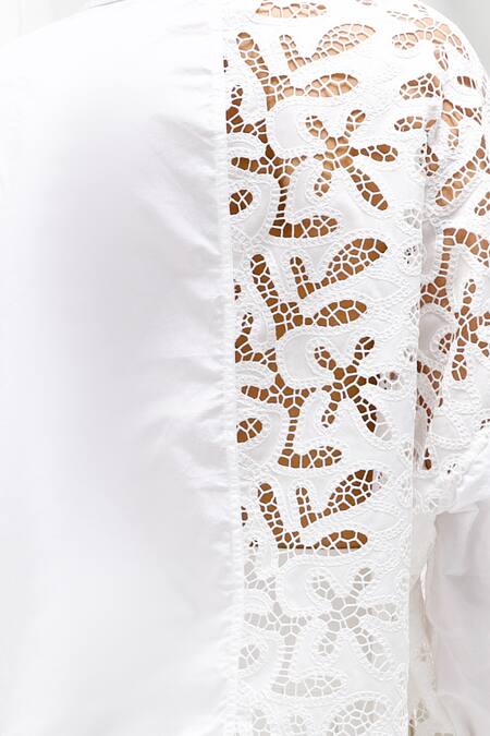 Shop_She'll_White Poplin Lace Collared Cord Embroidered Shirt And Skorts Set _Online_at_Aza_Fashions