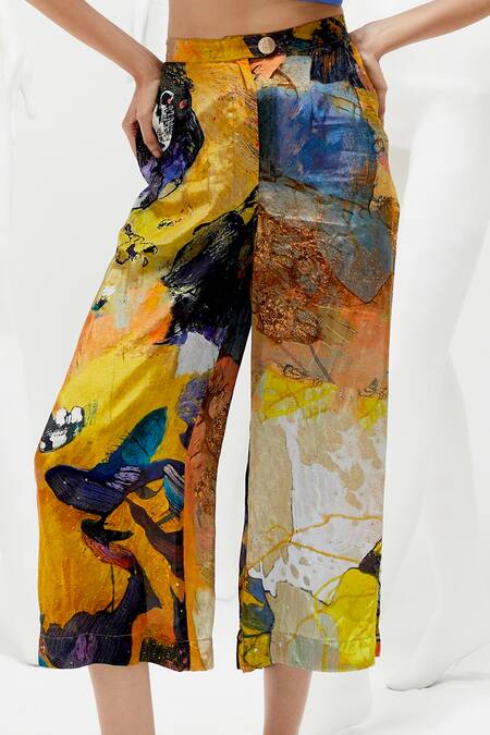 She'll Yellow Crepe, Chiffon, Chanderi Collared, Abstract Print Shirt And Pant Set Online at Aza Fashions She'll_Yellow Crepe, Chiffon, Chanderi Collared, Abstract Print Shirt And Pant Set _Online_at_Aza_Fashions