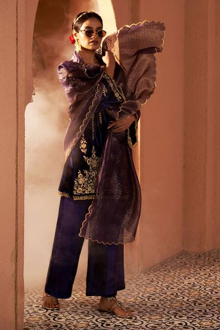 Shalkii_Blue Silk, Cotton, Tissue Cut Work, Pearls, Zardozi Embroidered Kurta Set _Online_at_Aza_Fashions