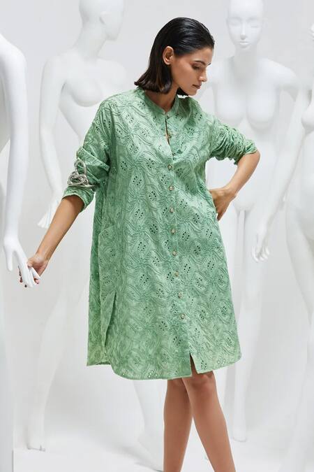 She'll Green Cotton Embroidery Mandarin Collar Shirt Dress Online at Aza Fashions She'll_Green Cotton Embroidery Mandarin Collar Shirt Dress _Online_at_Aza_Fashions