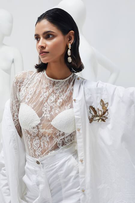 She'll Ivory Poplin, Chanderi, Chiffon Embroidery Collared Floral Shirt And Pant Set at Aza Fashions She'll_Ivory Poplin, Chanderi, Chiffon Embroidery Collared Floral Shirt And Pant Set _at_Aza_Fashions